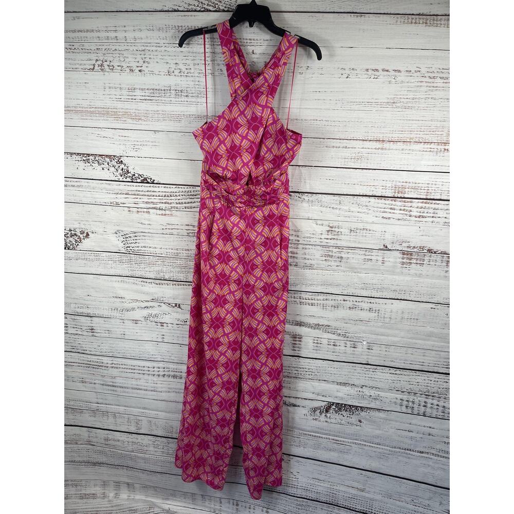 Impressions Jumpsuit Women's Small Pink Geometric Halter Backless Wide Leg - Picture 2 of 12